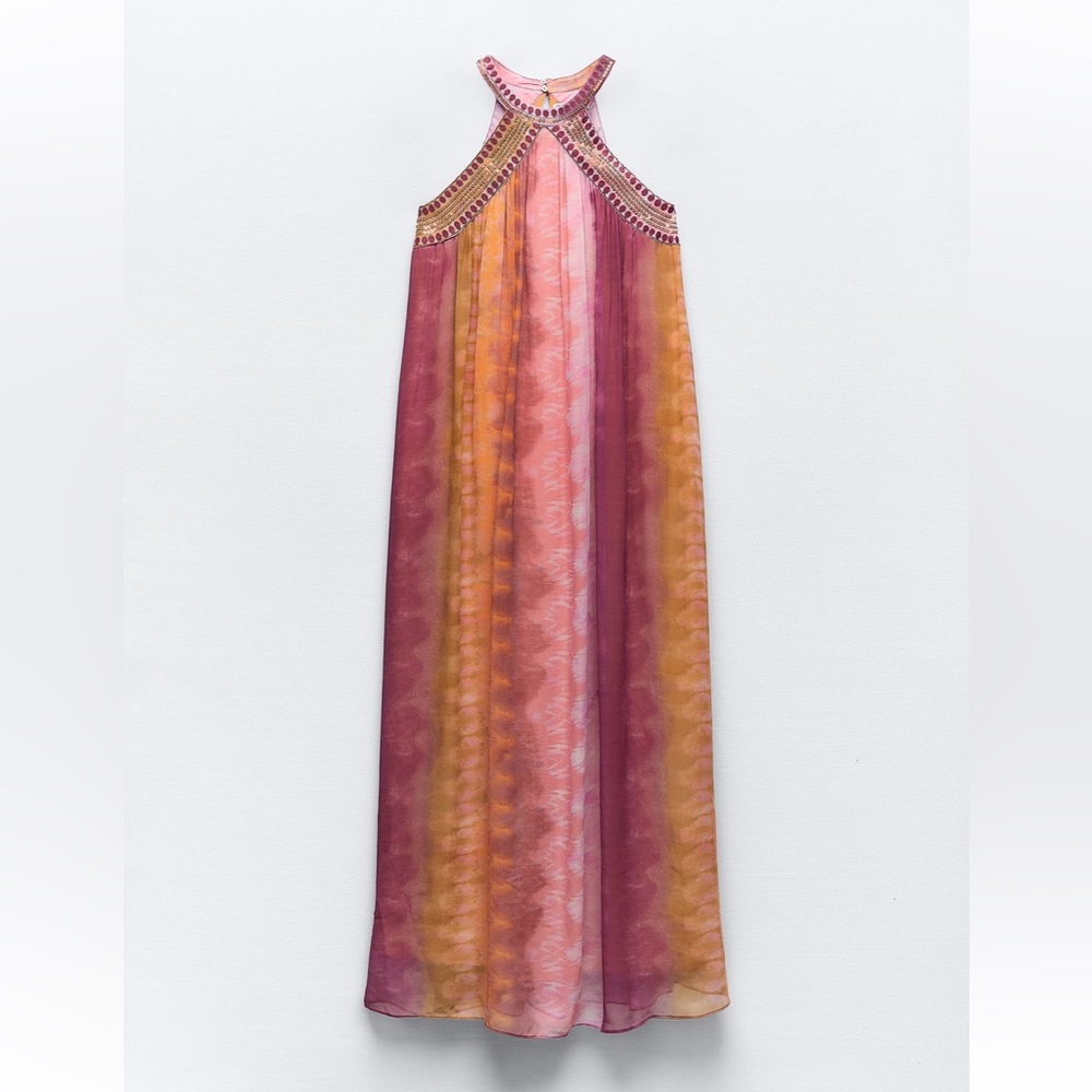 Zara chiffon SEQUIN beaded embellished TIE-DYE maxi DRESS sz.S - Picture 9 of 17